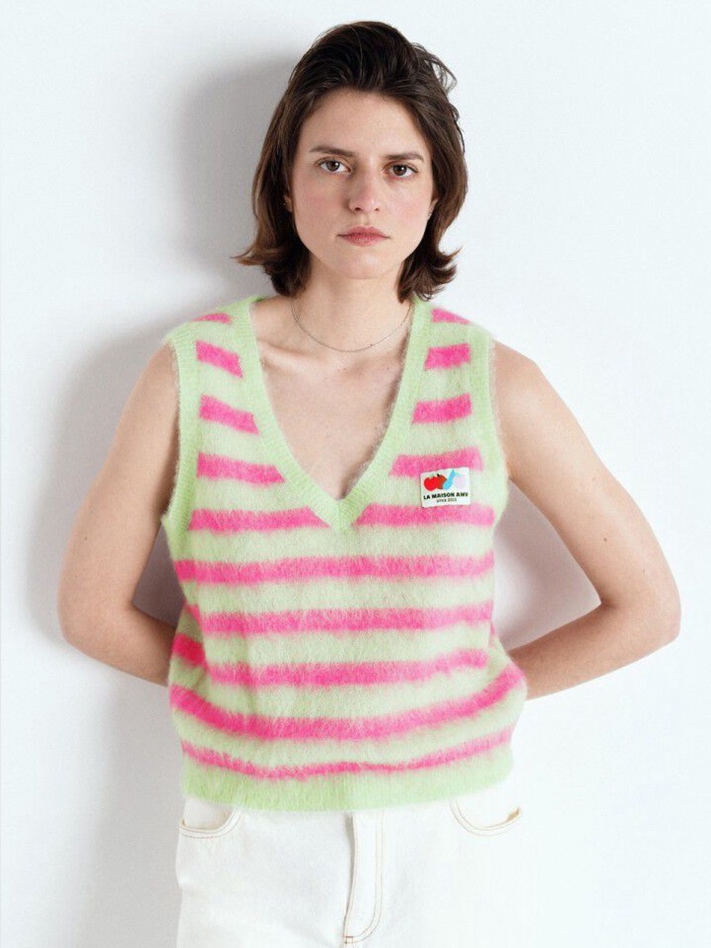 American Vintage Nenybay Sleeveless Sweater Tank Vest Alpaca Pink Green